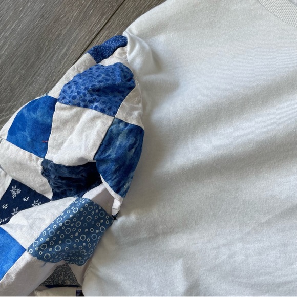 Custom Upcycled Reworked Vintage Patchwork Quilt Bubble Puff Sleeve Top XL - Picture 3 of 7
